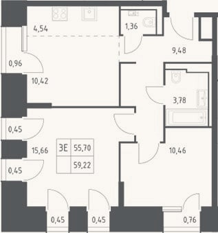 Планировка: 3-к, 55,7 м²