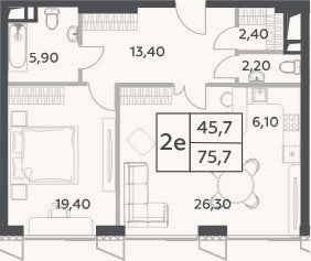 Планировка: 2-к, 75,7 м²