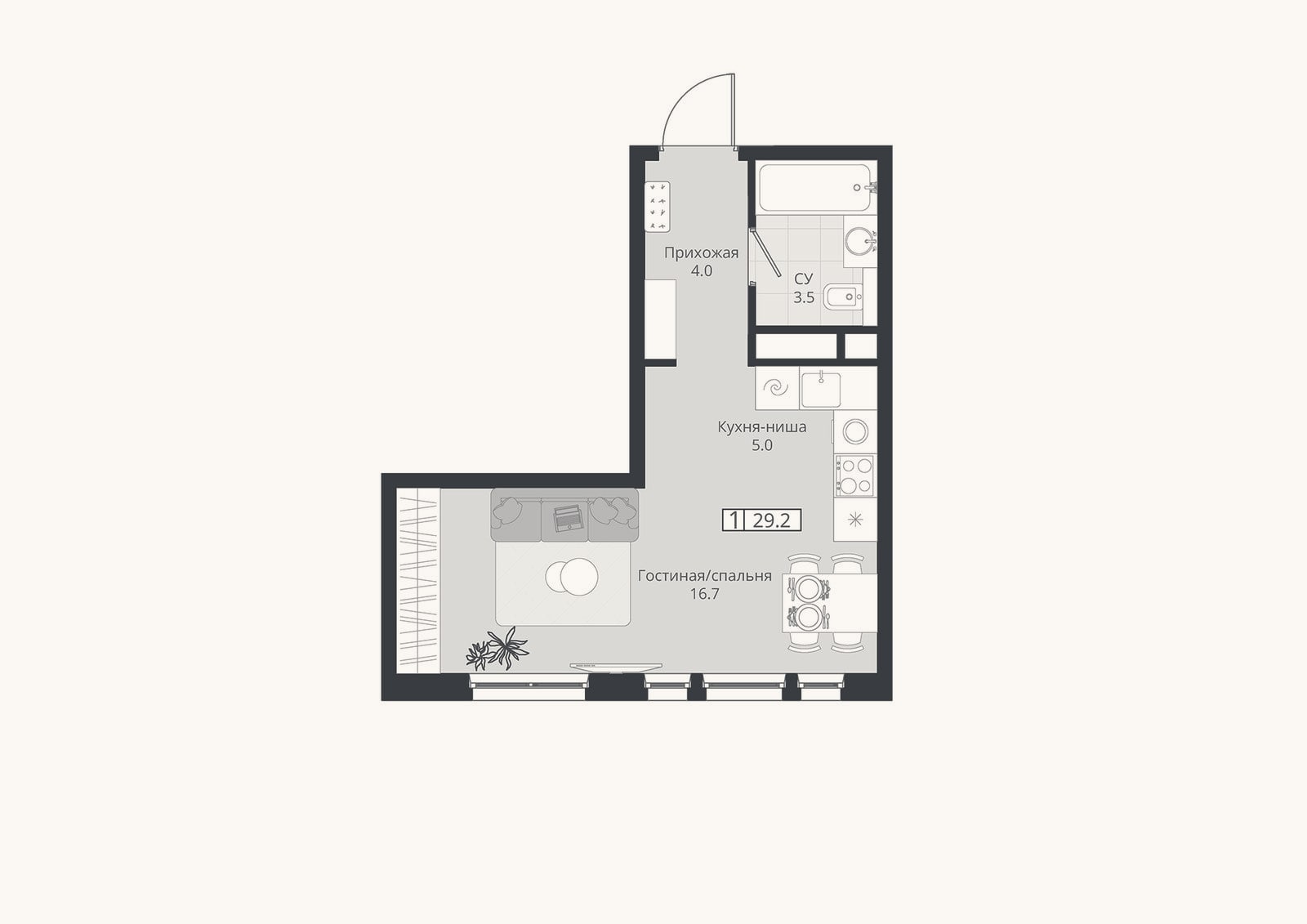 Планировка: Студия, 29,2 м²