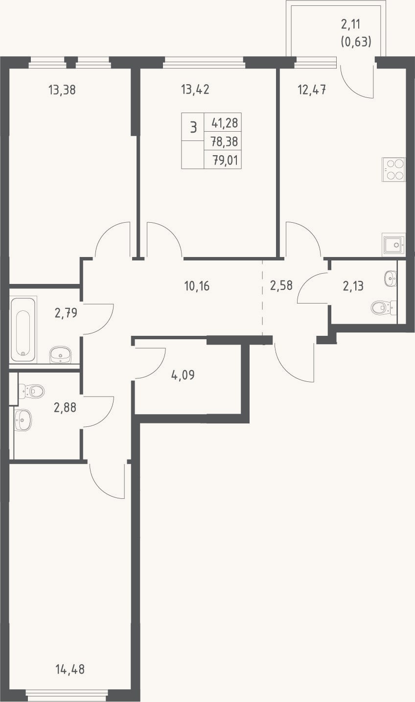 Планировка: 3-к, 78,4 м²