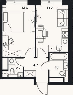 Планировка: 1-к, 40 м²