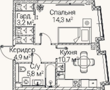 Планировка: 1-к, 38,4 м²