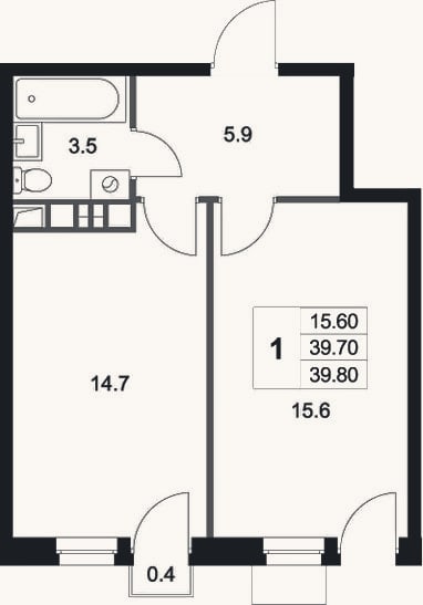 Планировка: 1-к, 39,7 м²