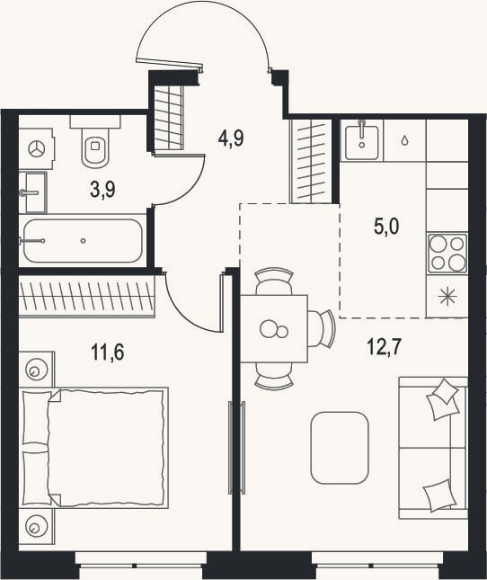Планировка: 2-к, 38,1 м²