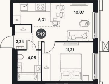 Планировка: 2-к, 33,7 м²