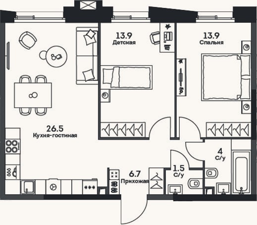 Планировка: 3-к, 66,5 м²