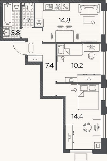 Планировка: 2-к, 52,3 м²