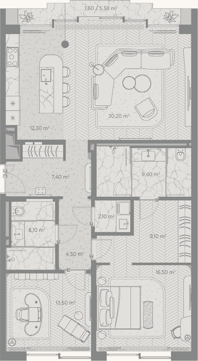 Планировка: 2-к, 111,1 м²