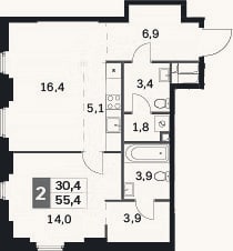 Планировка: 2-к, 55,4 м²