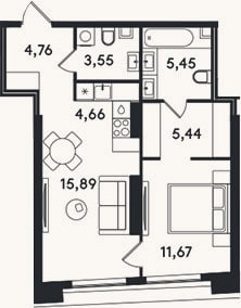 Планировка: 2-к, 51,4 м²