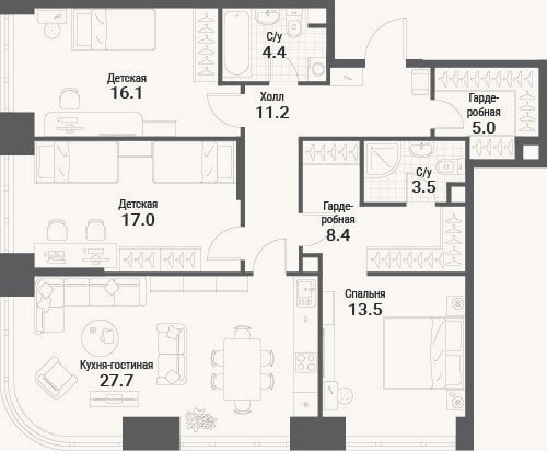 Планировка: 4+ к, 106,8 м²