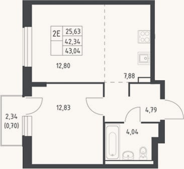 Планировка: 2-к, 42,3 м²