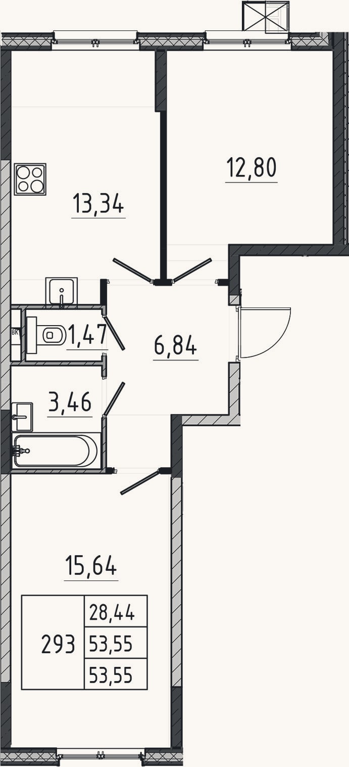 Планировка: 2-к, 53,6 м²
