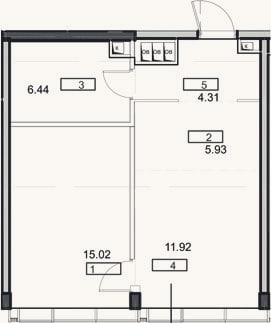 Планировка: 2-к, 43,6 м²