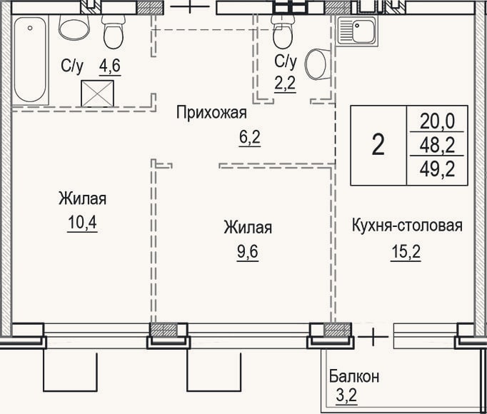 Планировка: 3-к, 48,2 м²