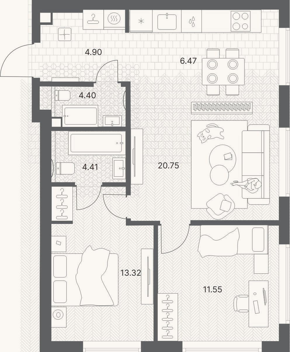 Планировка: 3-к, 65,8 м²