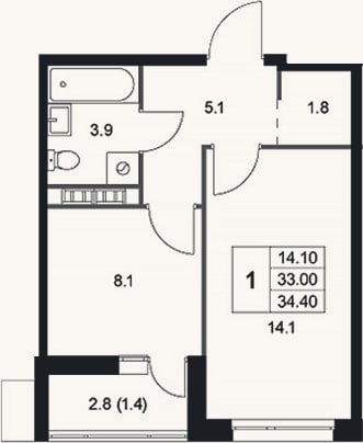 Планировка: 1-к, 33 м²