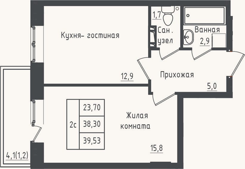 Планировка: 1-к, 38,3 м²
