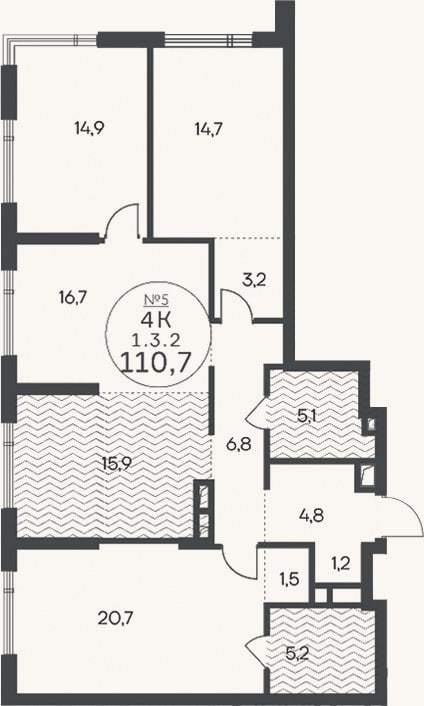 Планировка: 4+ к, 110,7 м²
