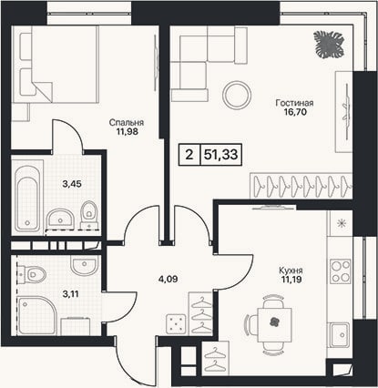 Планировка: 2-к, 51,3 м²