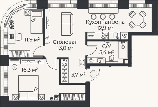 Планировка: 3-к, 63,2 м²