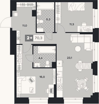 Планировка: 2-к, 70,7 м²