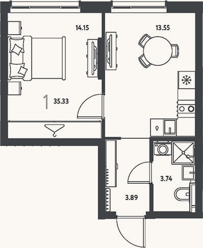 Планировка: 1-к, 35,3 м²