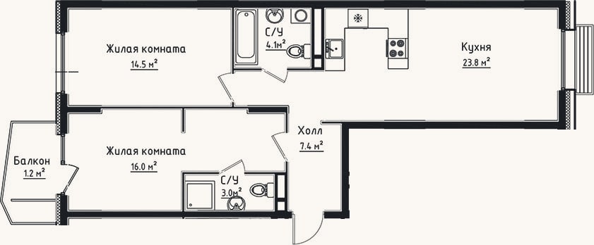 Планировка: 2-к, 68,8 м²