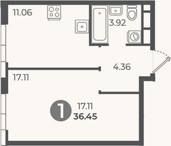 Планировка: 1-к, 36,5 м²