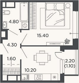 Планировка: 1-к, 36,3 м²