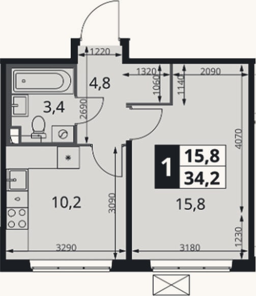 Планировка: 1-к, 34,2 м²