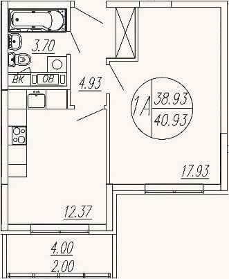 Планировка: 1-к, 38,9 м²