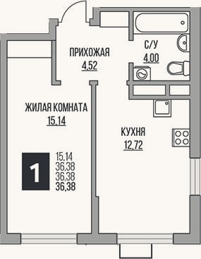 Планировка: 1-к, 36,4 м²