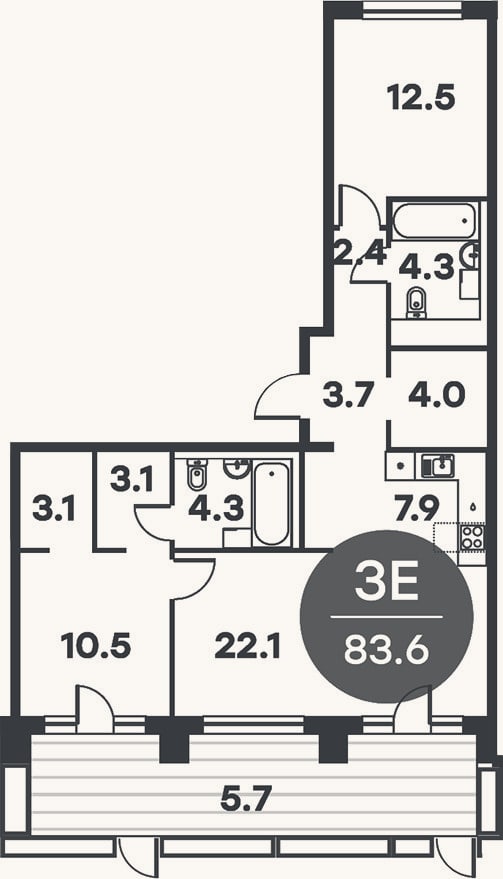 Планировка: 3-к, 77,9 м²