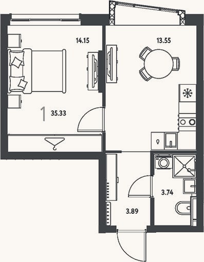 Планировка: 1-к, 35,3 м²