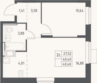 Планировка: 2-к, 40,4 м²