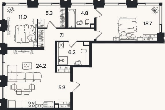 Планировка: 3-к, 82,6 м²