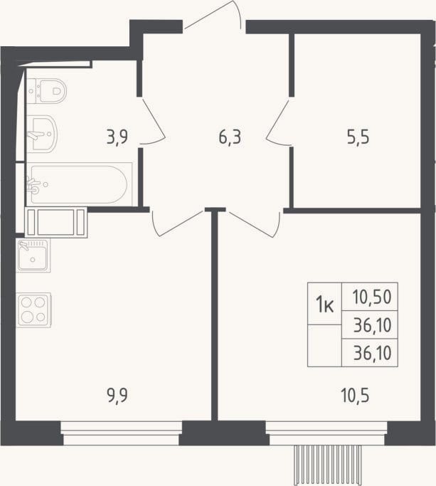 Планировка: 1-к, 36,1 м²