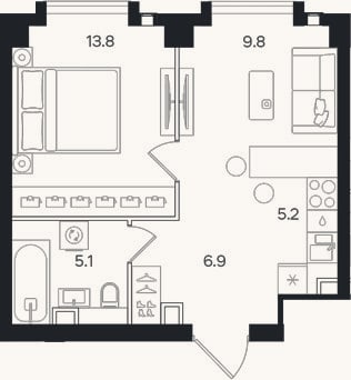 Планировка: 2-к, 40,8 м²