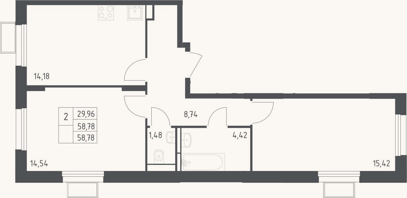 Планировка: 2-к, 58,8 м²