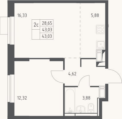 Планировка: 2-к, 43 м²