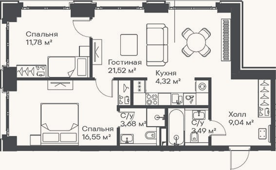 Планировка: 3-к, 70,4 м²