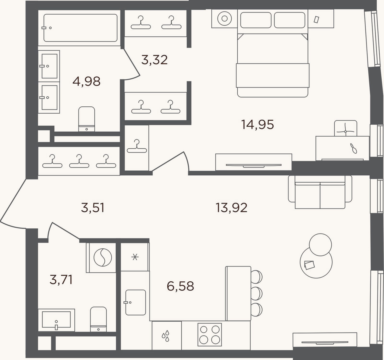 Планировка: 2-к, 51 м²