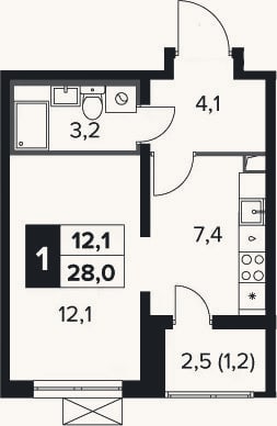 Планировка: 1-к, 26,8 м²