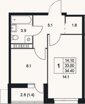 Планировка: 1-к, 33 м²