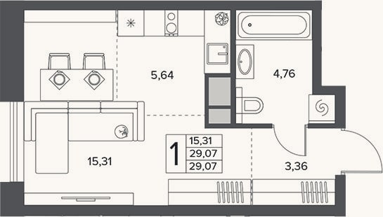 Планировка: Студия, 29,1 м²