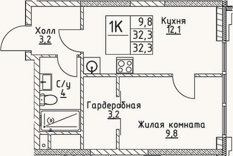 Планировка: 1-к, 32,3 м²