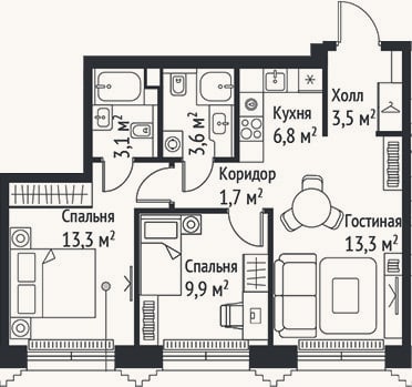 Планировка: 3-к, 55,2 м²