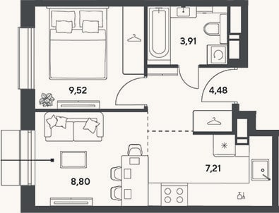 Планировка: 2-к, 33,9 м²