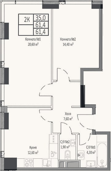 Планировка: 2-к, 61,4 м²